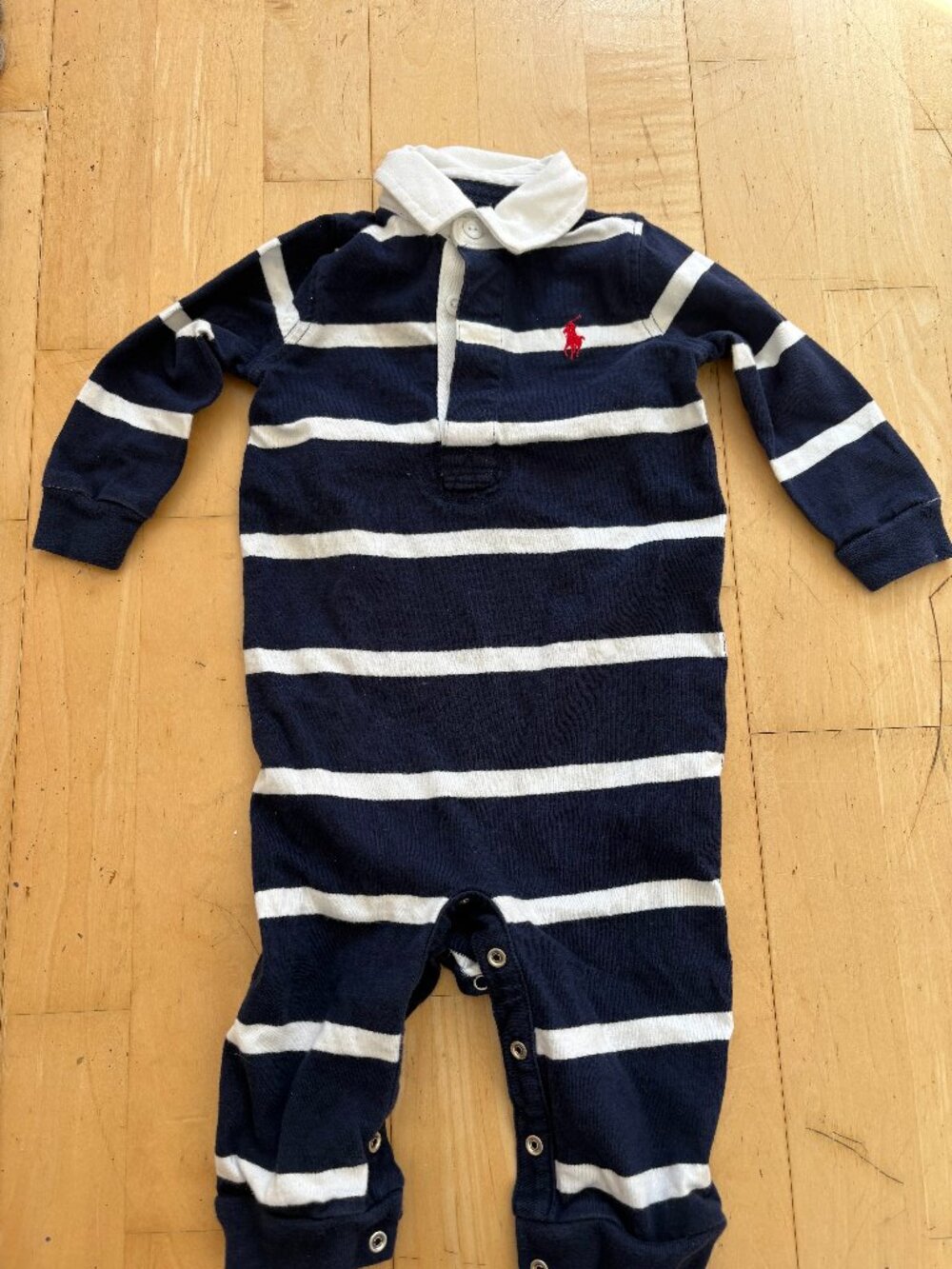 Polo Ralph Lauren Striped Cotton Rugby Overall 9 Month Pony Logo Blue/White